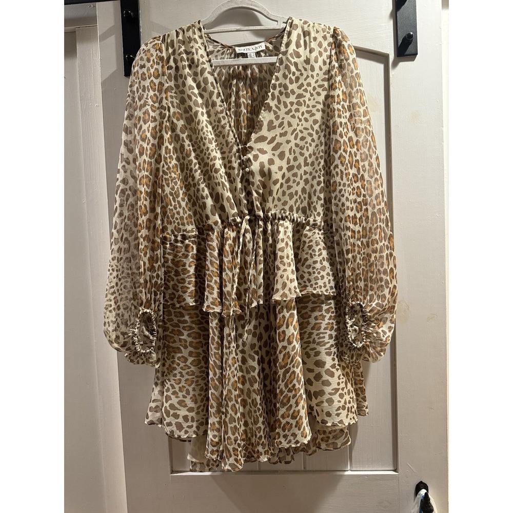 Shona Joy Long Sleeve Tiered Animal Print Mini Dress Yellow Brown Sz 6